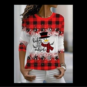 Women's Red and Black Plaid Snowman Top
